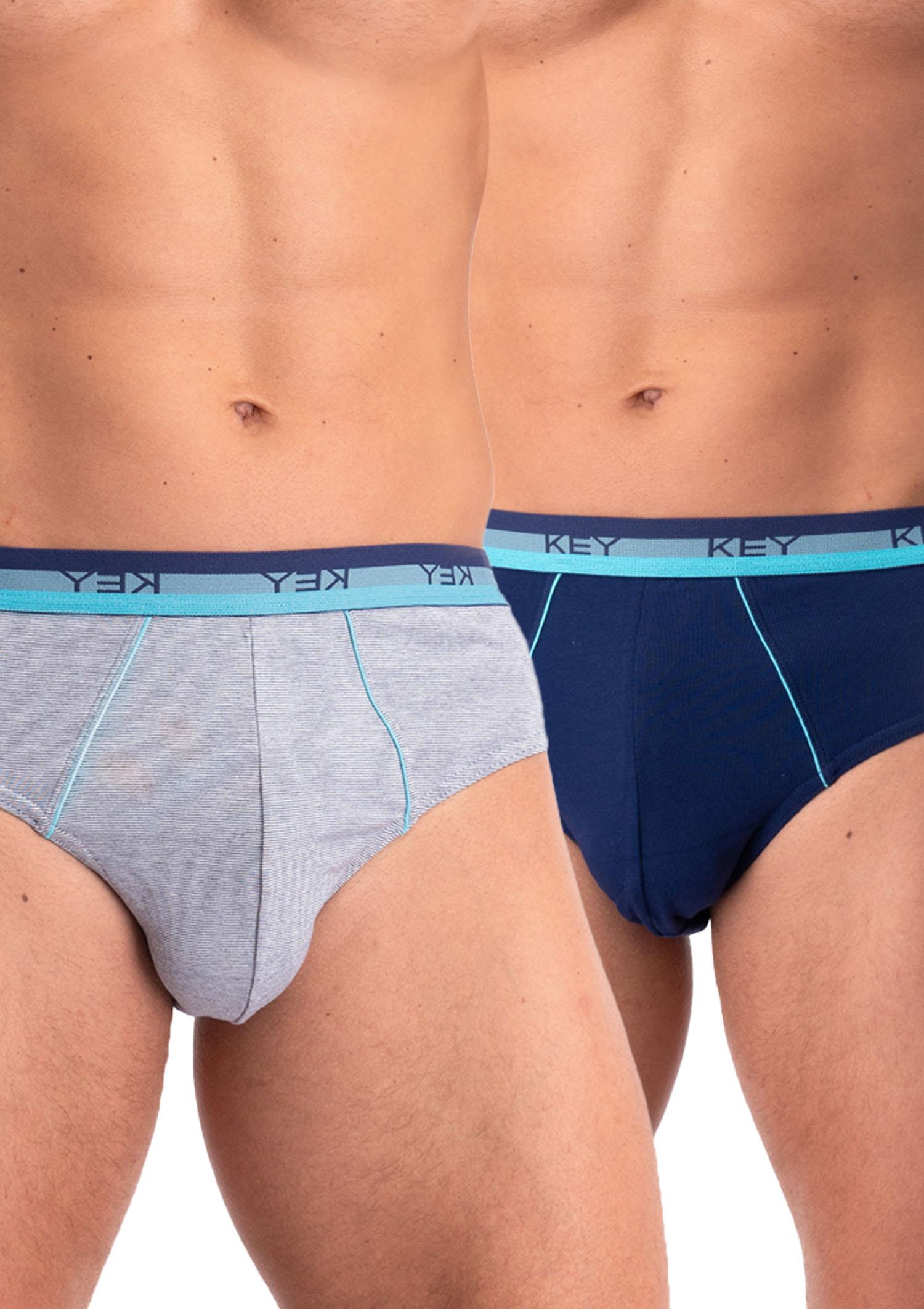 Slipy męskie bawełniane (2 pack) z kontrastującymi lamówkami MPP 340 Key GRANATOWY/MELANŻ PASKI L
