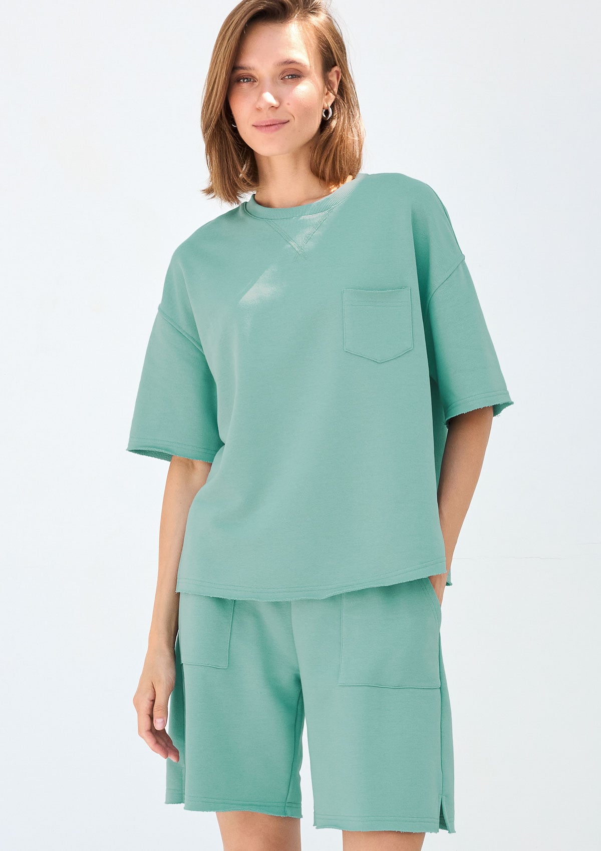 Komplet t-shirt damski luźny + szorty bawełniane z kieszeniami Malibu Naviale MIĘTOWY XS M MIĘTOWY