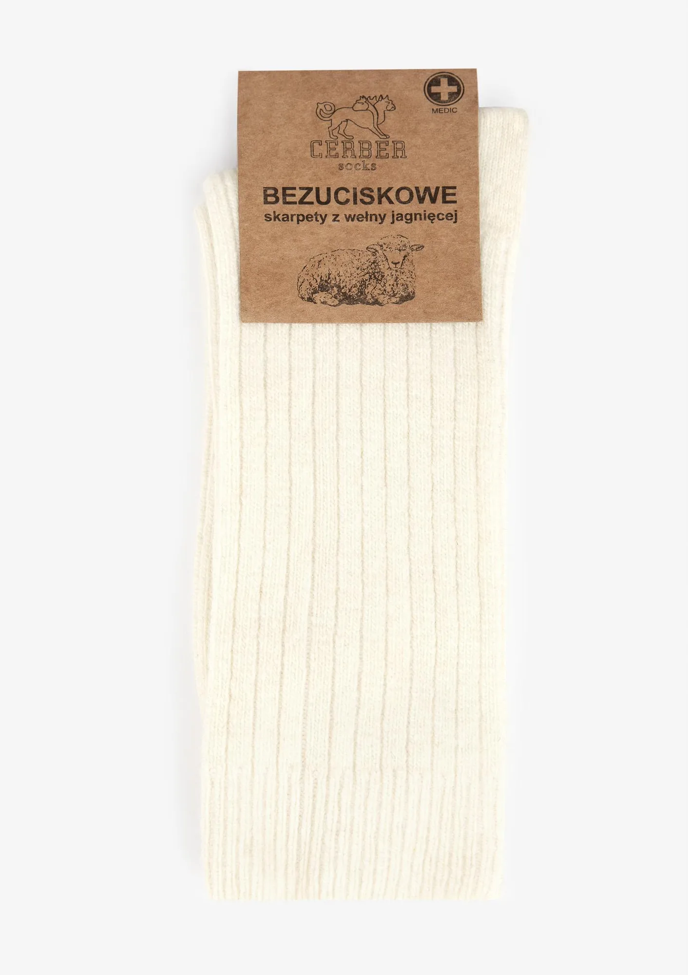 Skarpety z wełny merino jagnięce bezuciskowe wysokie ecru Cerber