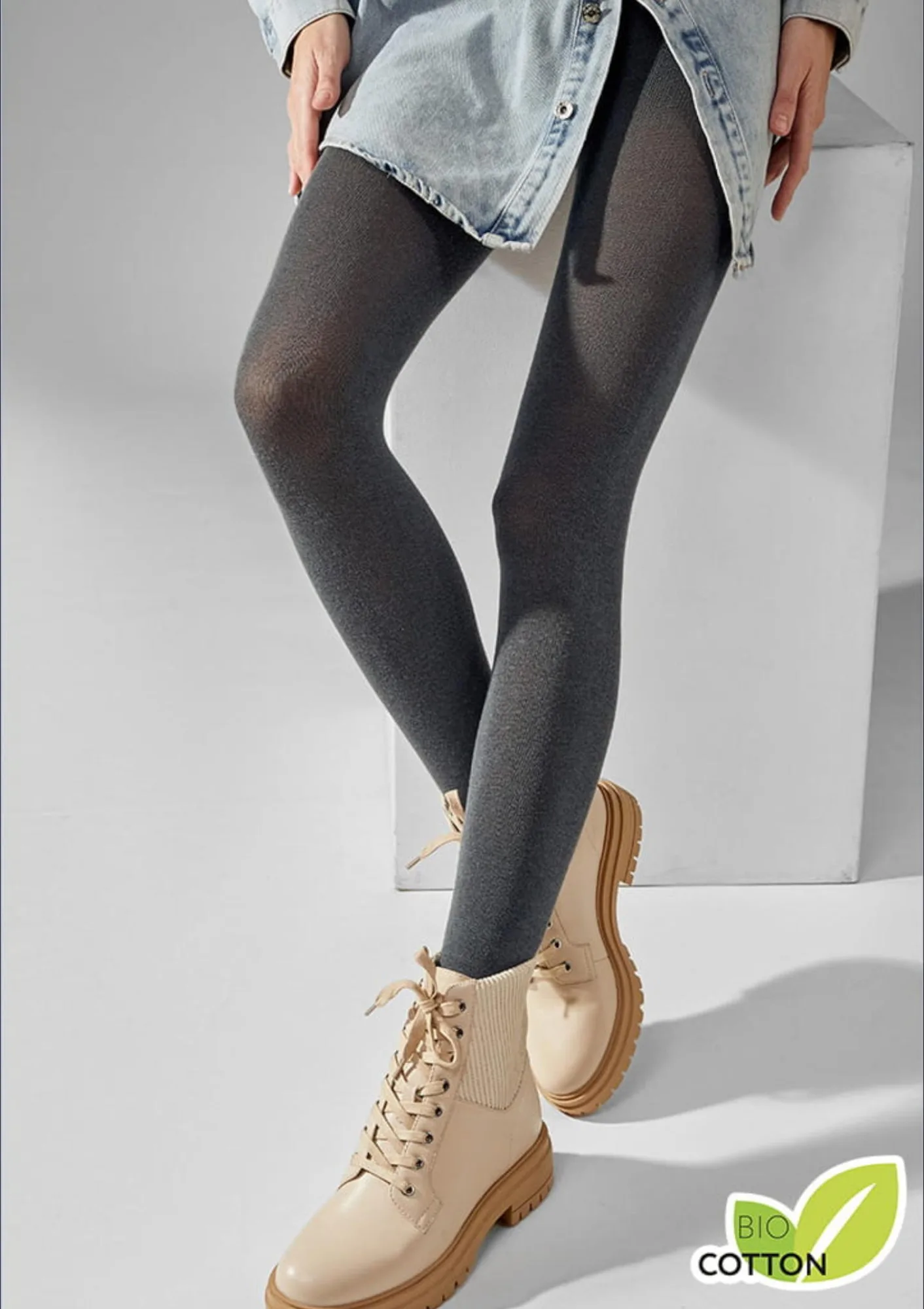Rajstopy z bawełny organicznej grafitowe gładkie 607 Bio Cotton Legs 4-L